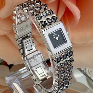 Swarovski Swiss Made Stainless & Black Crystal Dainty Dress Watch
